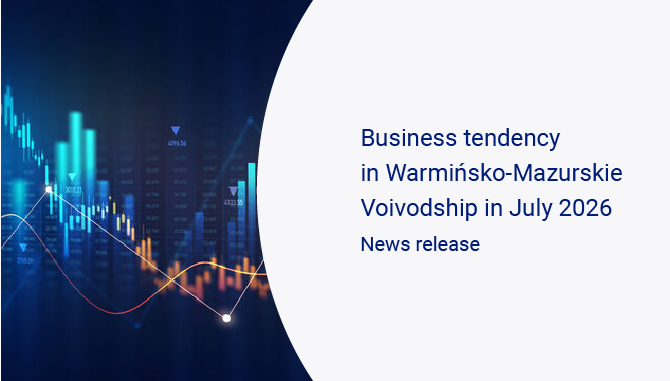 A slide featuring blue, green, and orange line and bar charts on a dark background, publication Business tendency in Warmińsko-Mazurskie Voivodship in July 2026