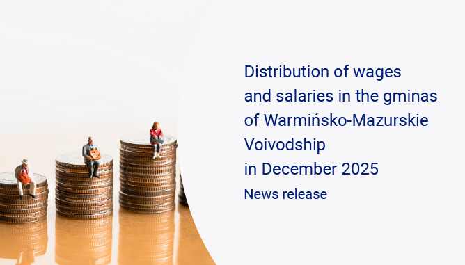 A slide showing miniature figures of people sitting on piles of coins, News release Distribution of wages and salaries in the gminas of Warmińsko-Mazurskie Voivodship in December 2025