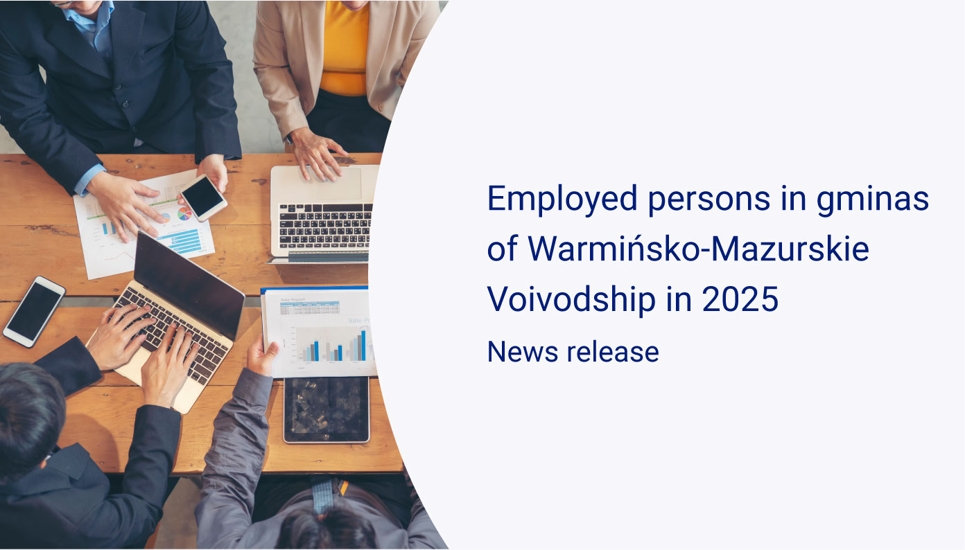 Slide with A group of people working at a table on computers, publication Employed persons in gminas of Warmińsko-Mazurskie Voivodship in 2025