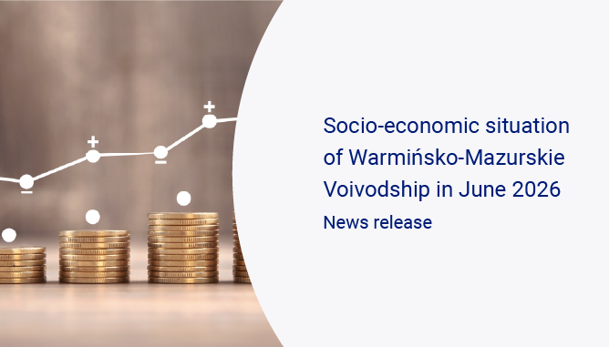 Slide whit Stacks of coins with an overlaid line chart showing an upward trend, Publication Socio-economic situation of Warmińsko-Mazurskie Voivodship in June 2026