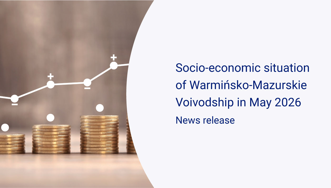 Slide whit Stacks of coins with an overlaid line chart showing an upward trend, Publication Socio-economic situation of Warmińsko-Mazurskie Voivodship in May 2026