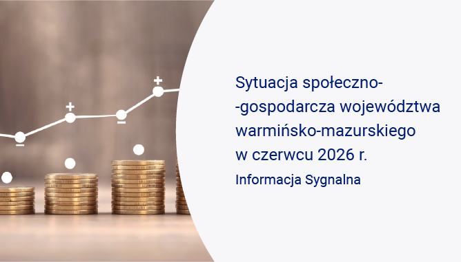 Slajd ze Stosem monet z nałożonym wykresem liniowym przedstawiającym rosnący trend, publikacja Sytuacja społeczno-gospodarcza województwa warmińsko-mazurskiego w czerwcu 2026 r.
