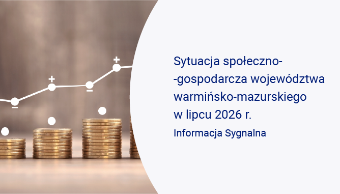 Slajd ze Stosem monet z nałożonym wykresem liniowym przedstawiającym rosnący trend, publikacja Sytuacja społeczno-gospodarcza województwa warmińsko-mazurskiego w lipcu 2026 r.