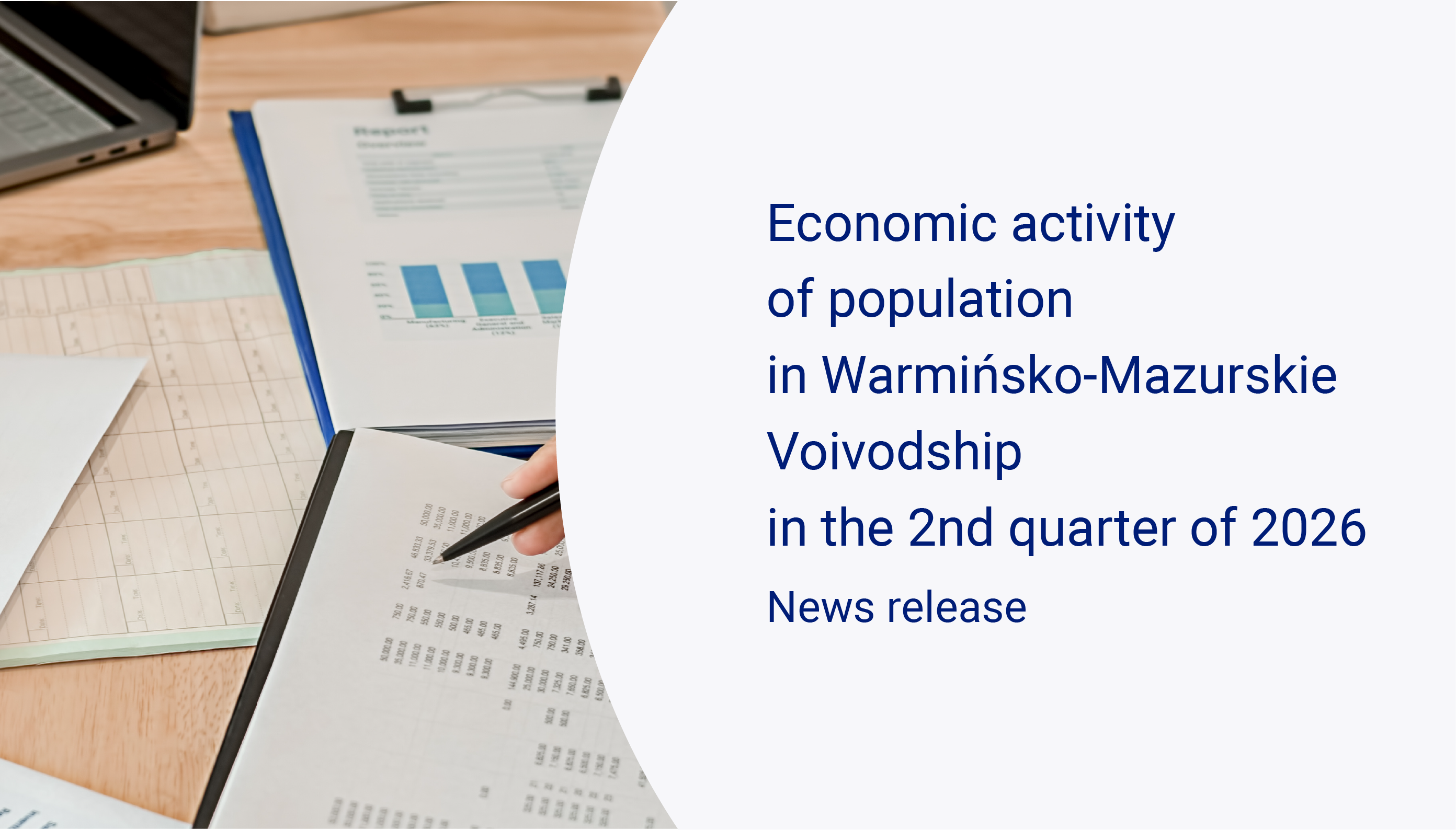 Slider whit Two people are analyzing statistical data at a desk, Publication Economic activity of population in Warmińsko-Mazurskie Voivodship in the 2nd quarter of 2026