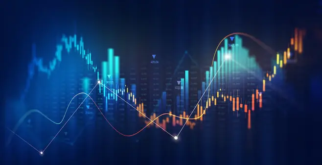 Graphic featuring blue, green, and orange line and bar charts on a dark background