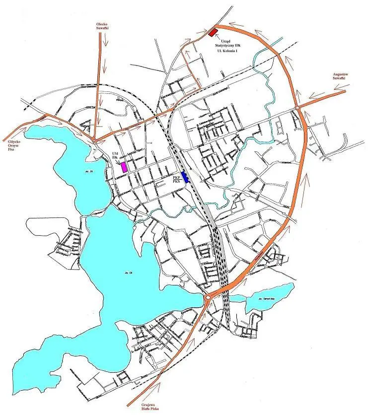 Mapa z trasą dojazdu do Urzędu Statystycznego w Ełku